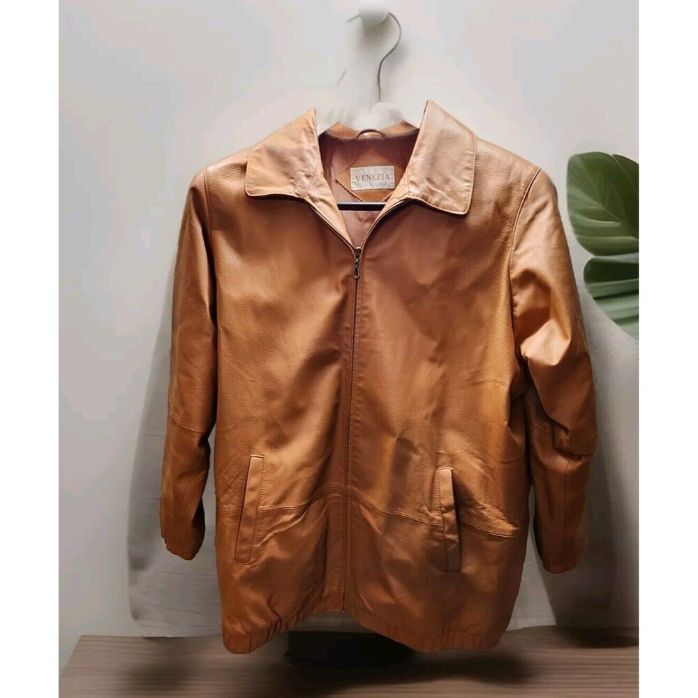 I) Vintage Women's Venezia Tan Brown Leather Bomber Jacket Size 20W